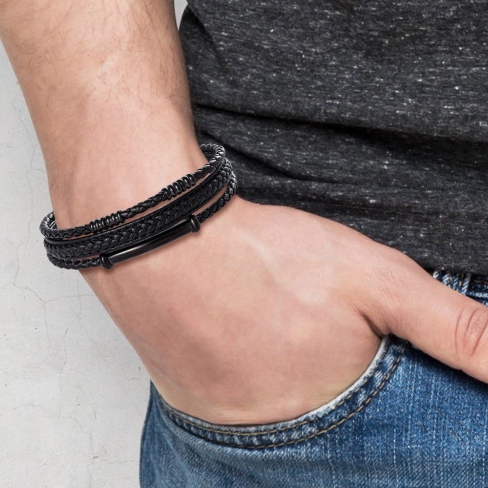 New! Lucky Brand Stainless Steel Triple Row Black Cord Bracelet - new in box